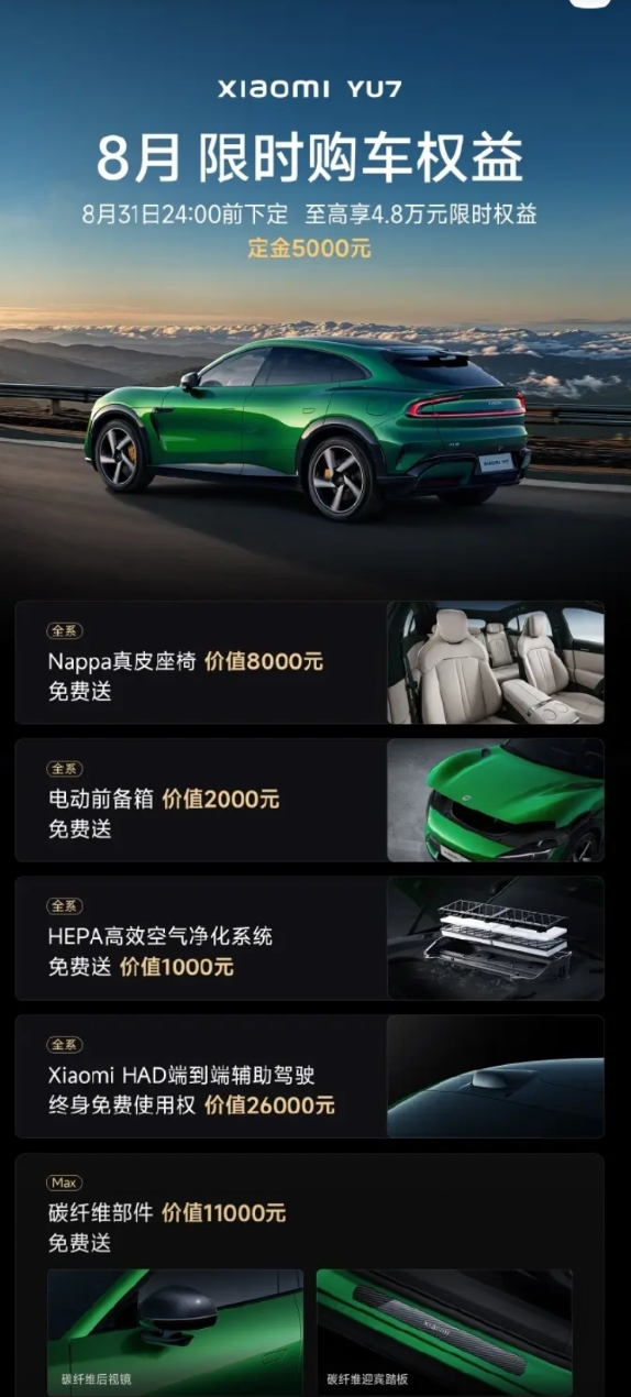 收到小米汽车销售发的信息，总结下来有三点：
1、小米YU7权益退坡：7月31日之