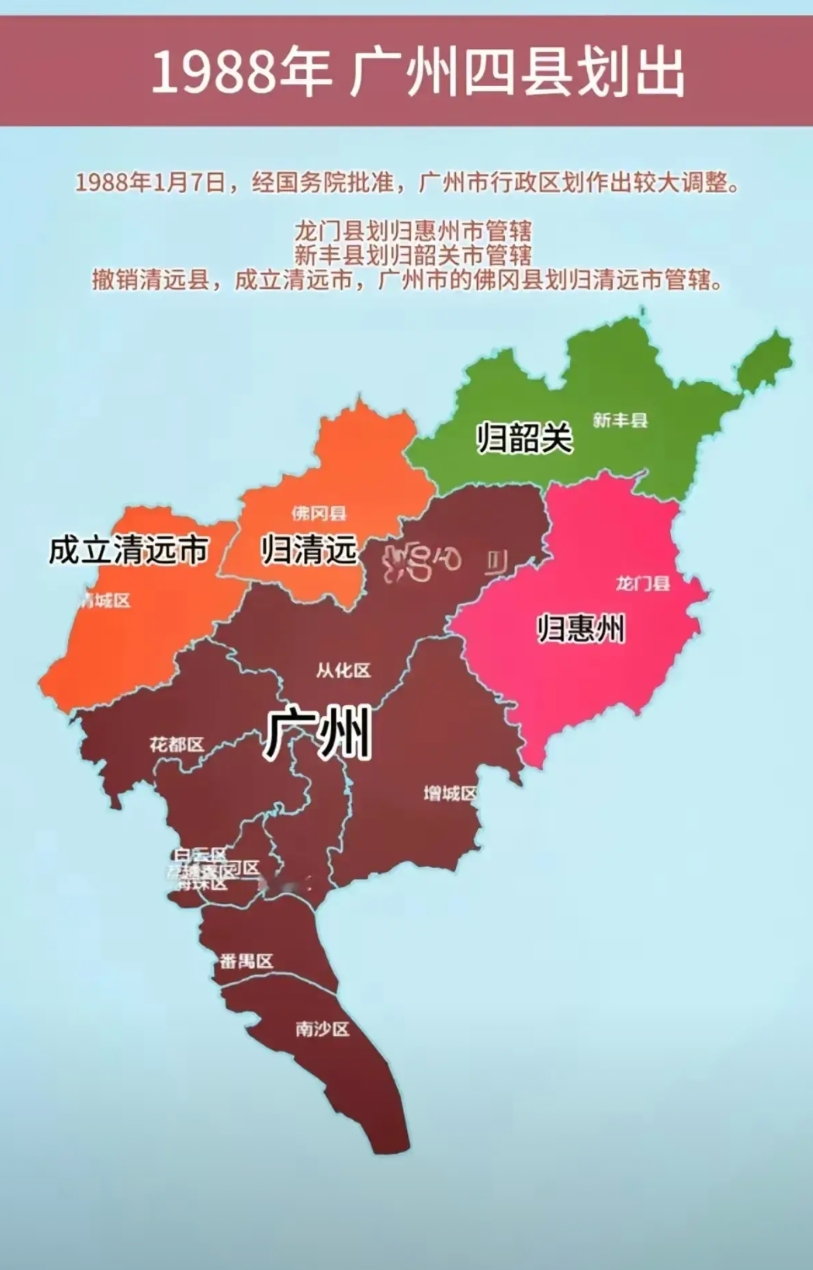 建议将清新区和清城区，佛冈、新丰、龙门归属广州，成为广州后花园，由这5个郊区城市