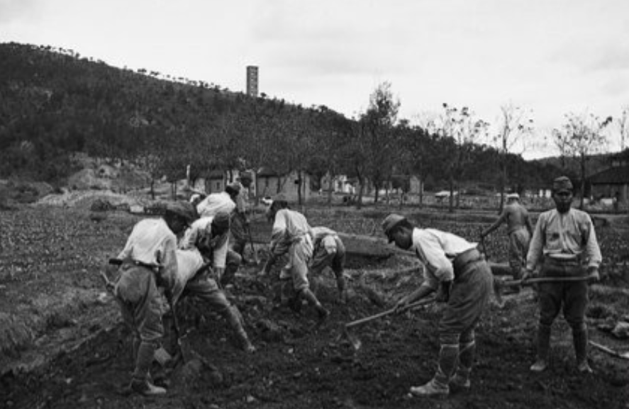 1945年9月，安徽芜湖，日军投降的队伍垂头丧气地走出城门。镜头下的他们身穿军装