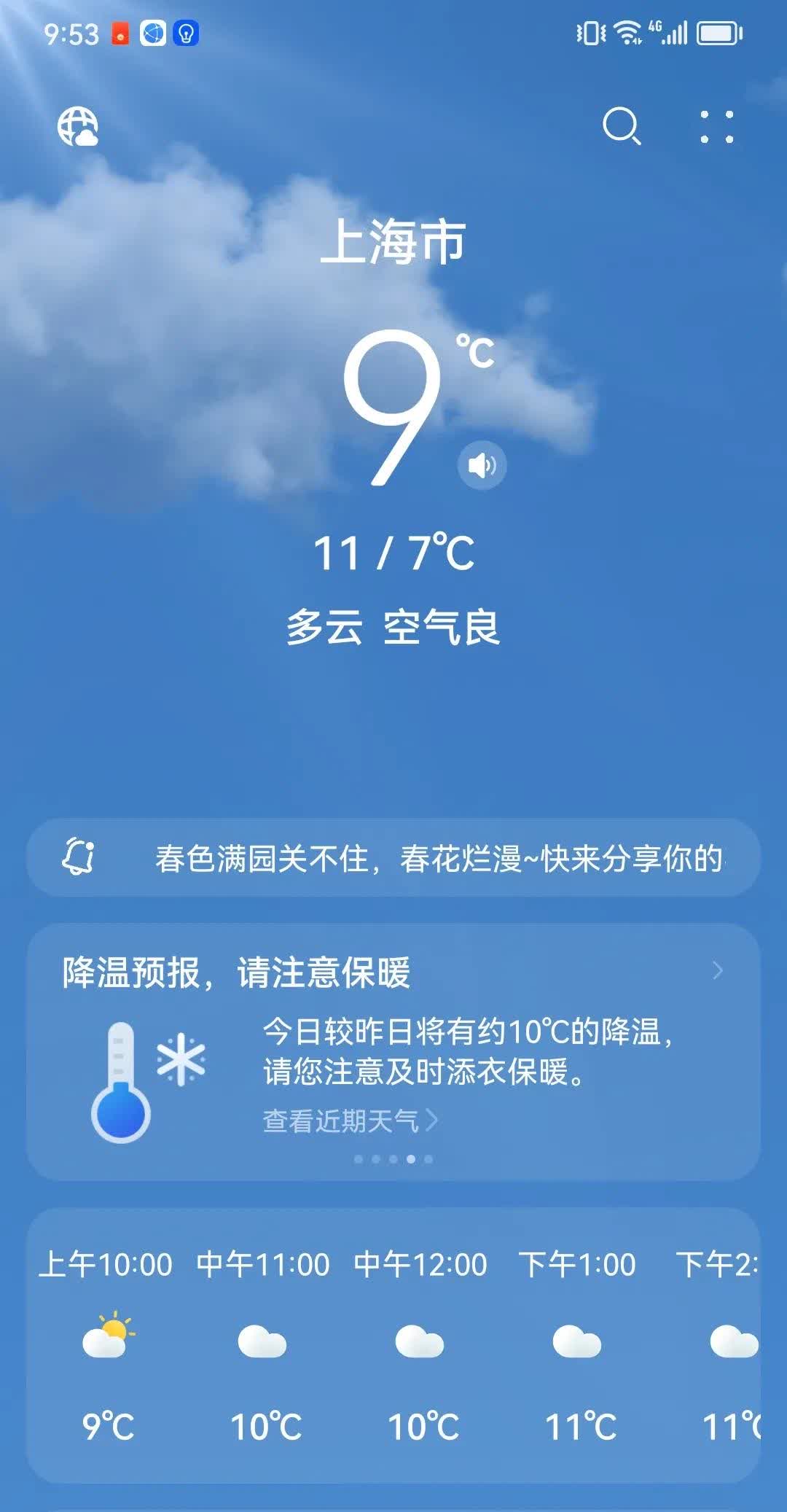 3925.3.28，多云，气温在7～11度之间，今年的春天，气温忽上忽下，温差很