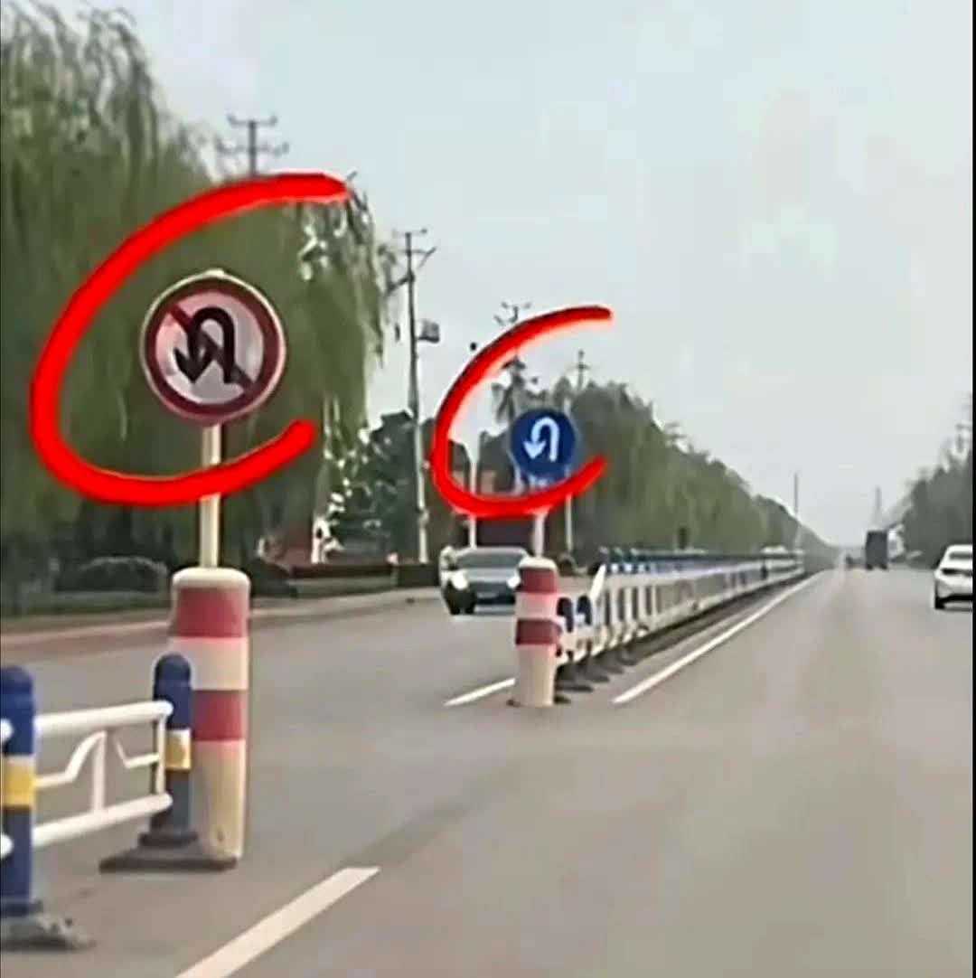 看到掉头标志就猛打方向盘的人，驾照是花钱买的吧？

文章里那个蓝底白箭头标志