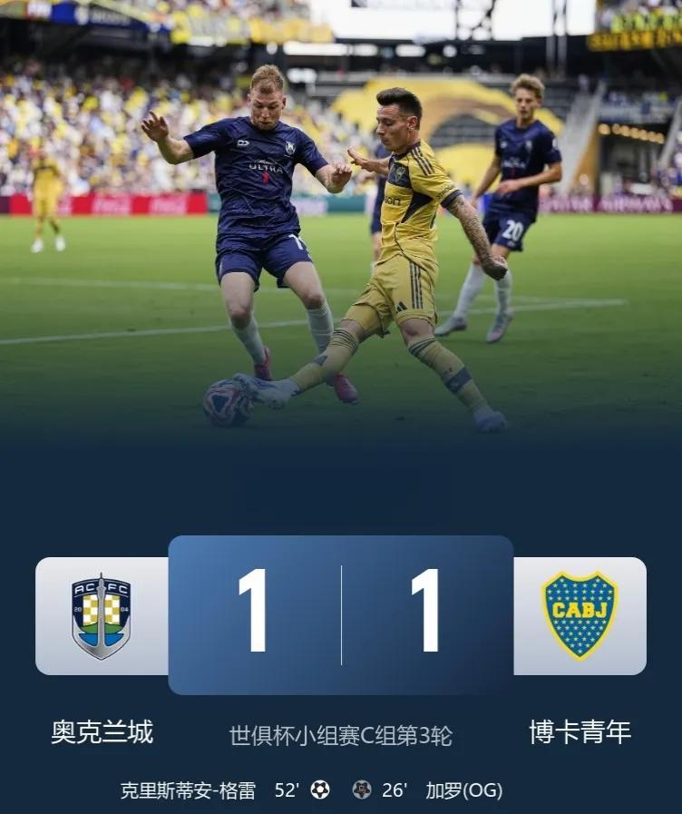 世俱杯业余球队的首球&首分！
奥克兰城1-1博卡青年，双双出局！
此役，比赛因天