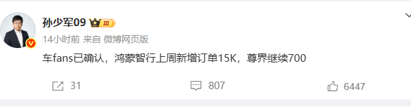 孙少军: 鸿蒙智行上周新增订单15K，尊界继续700 ​​台！

就在刚才，孙少