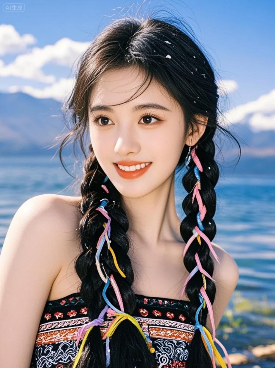 纳西族女孩举起小镜子反光，调皮地说：“补光神器！”