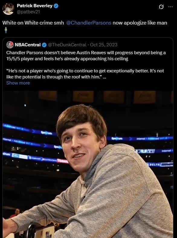 前NBA球员钱德勒-帕森斯曾表示里夫斯不会超越15+5+5的水平

并认为里