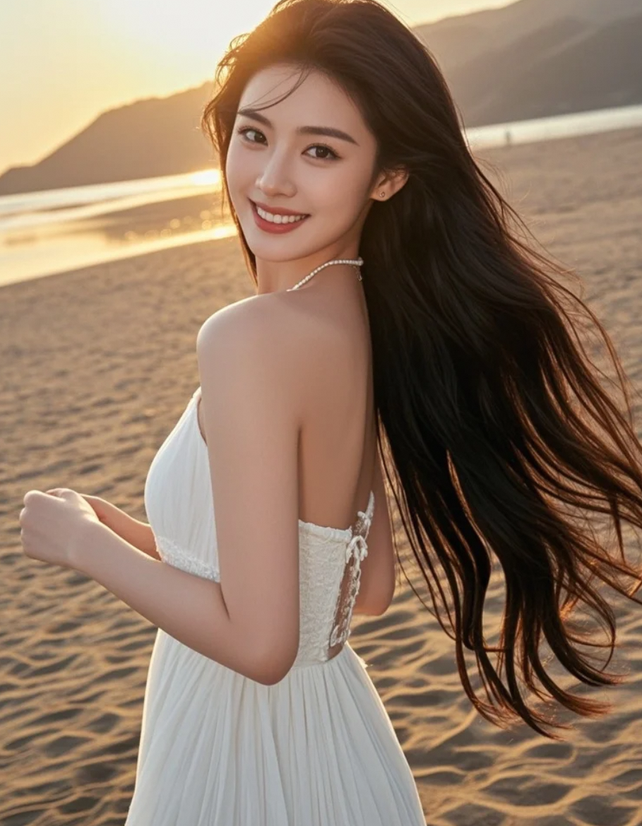 夕阳余晖里，她长发如云，笑容纯净，美得惊心动魄
