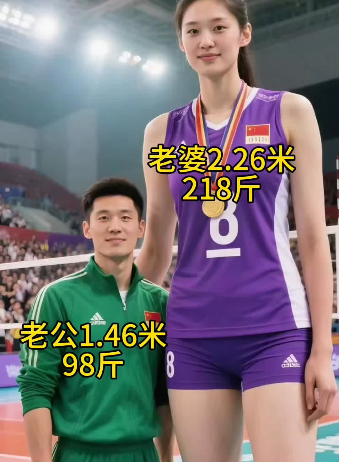 老婆2.26米，218斤；老公1.46米，98斤。