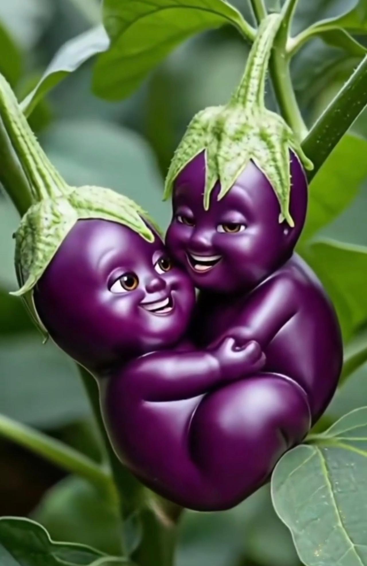 《茄子娃》
绿枝挂着茄子娃，相拥相靠乐哈哈。
紫身萌脸真讨喜，好似人间情谊佳。