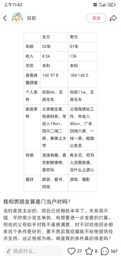 这个妹子和男朋友算门当户对吗？