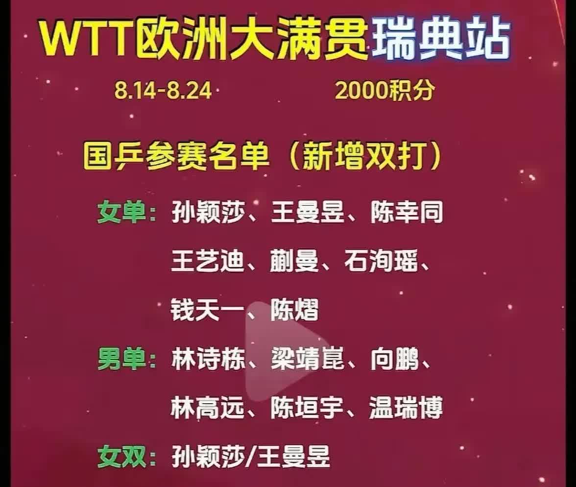 八月WTT有两大高级别赛事

一是8月7日至8月11日的日本横滨冠军赛（10
