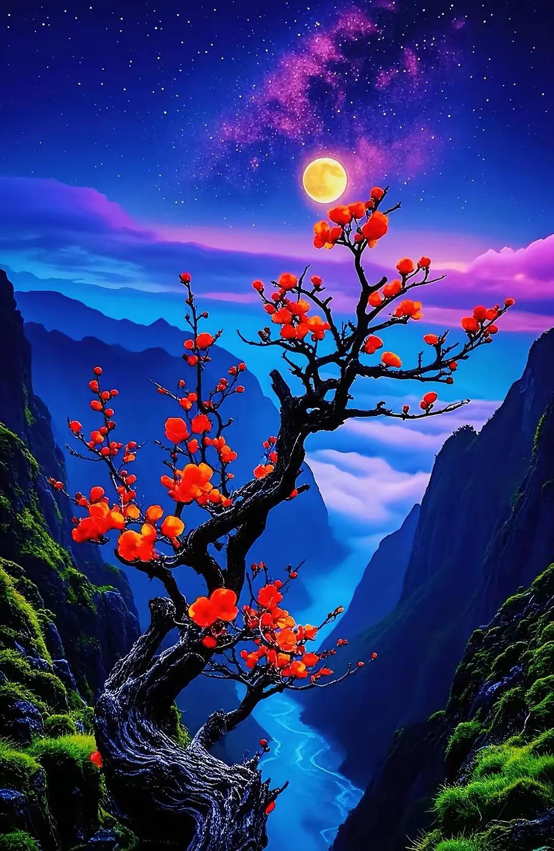 五绝·夜梅望月
文/方立新
望月夜梅红，
虯枝沐晚风。
幽山云水漫，
梦幻满星空