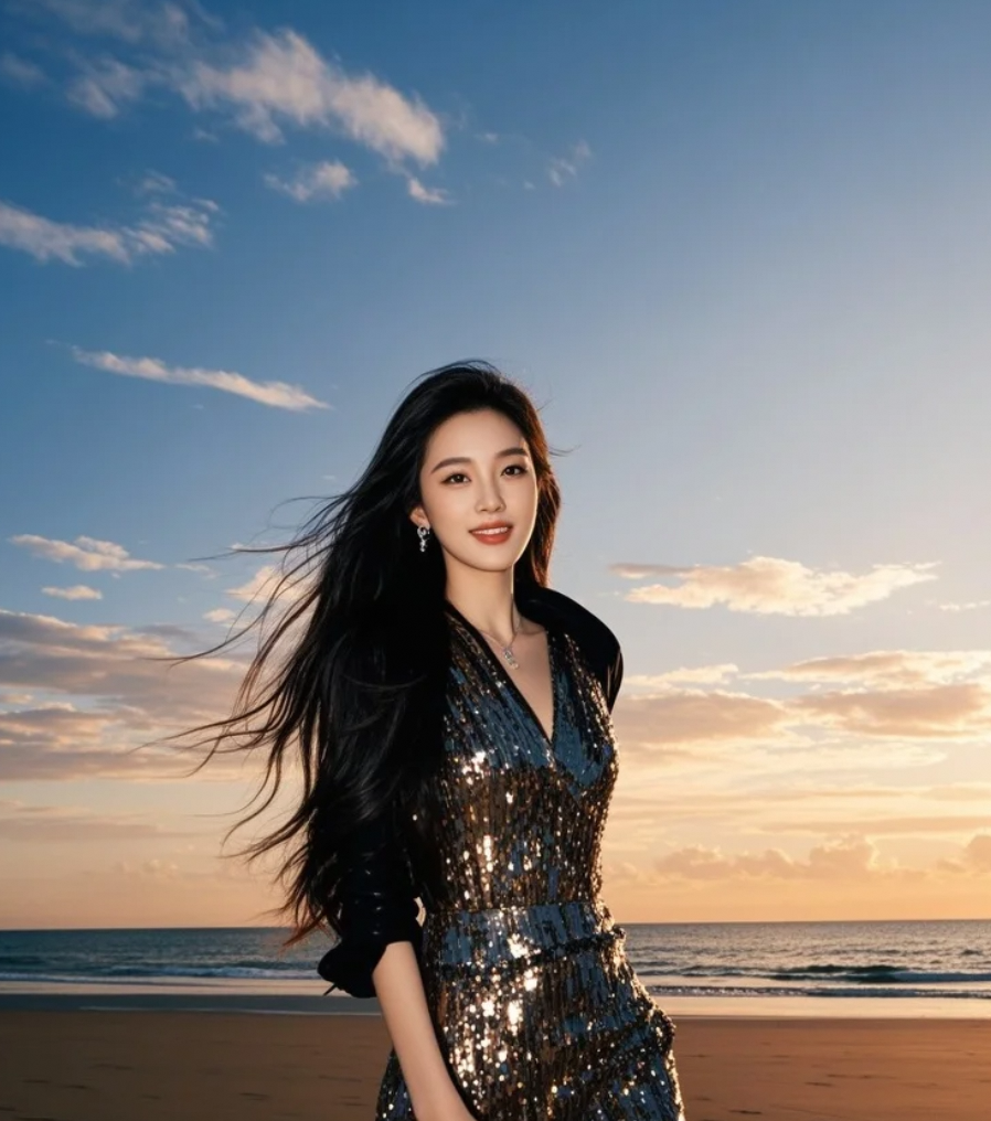 长发美人，行走在海与天的尽头，自由而耀眼