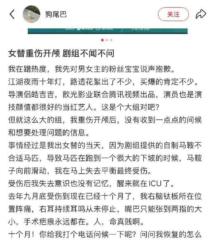 腾讯出品的《江湖夜雨十年灯》出大事了！
因剧组给女武替准备的自制马鞍不合适马匹，