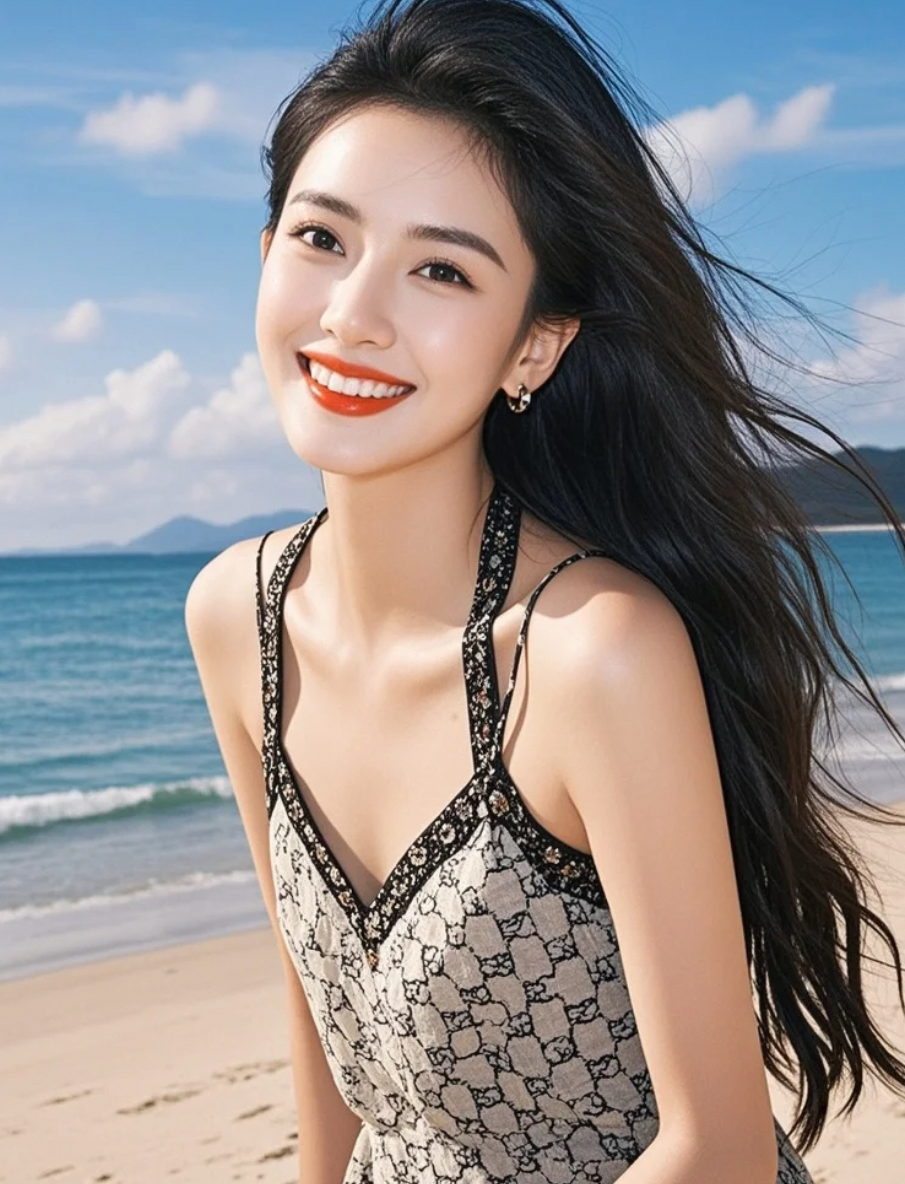 发丝与裙角，一同被海风撩起