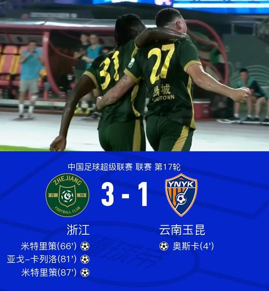 浙江3-1云南，米特里策双响，卡列洛建功，奥斯卡闪击难救主

北京时间7月18日