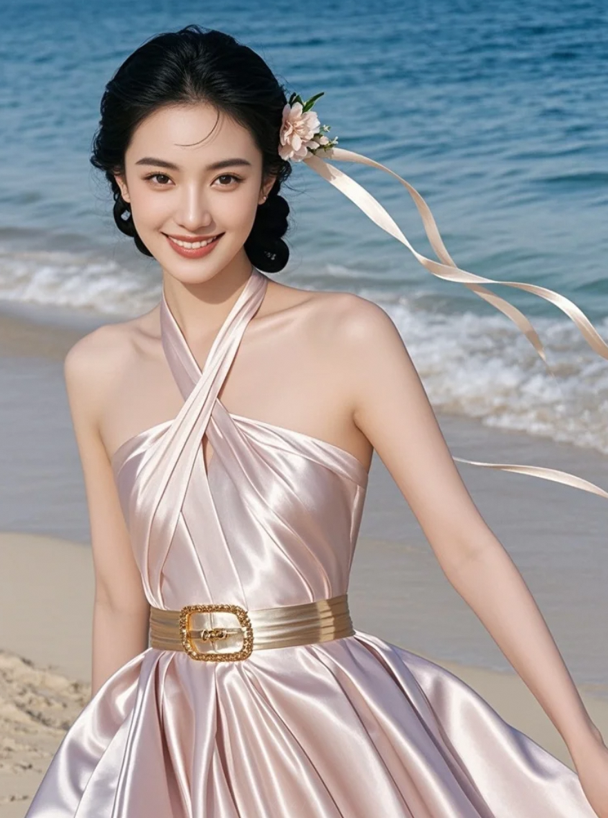 发带在海风中轻扬，眼神却比潮水更汹涌