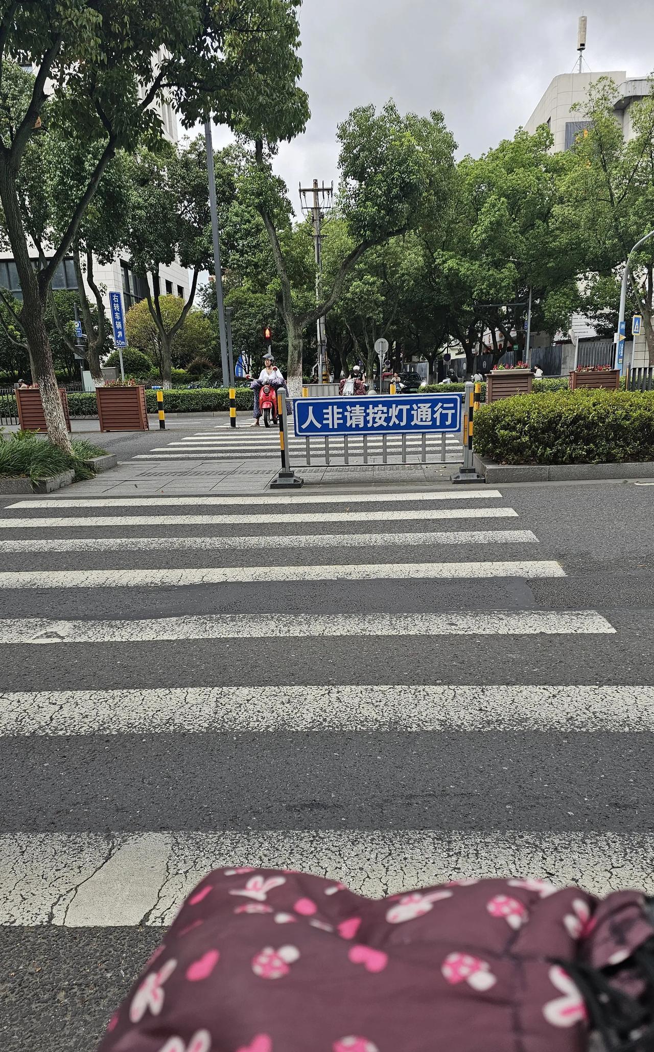 我书读的少，不懂斑马线中间的牌子写的这是什么意思？
   懂的，能帮我解释一下吗