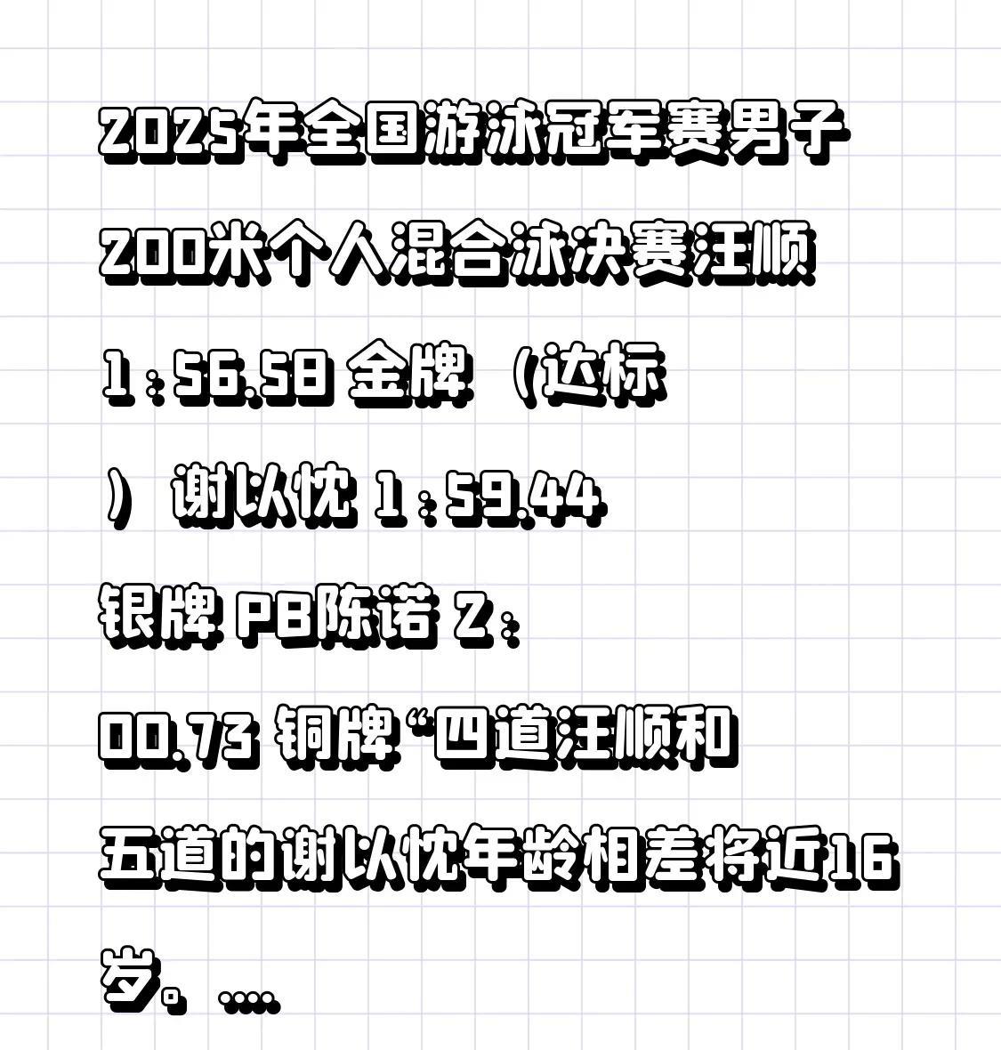 2025年全国游泳冠军赛
男子200米个人混合泳决赛
汪顺以1:56.58的成绩
