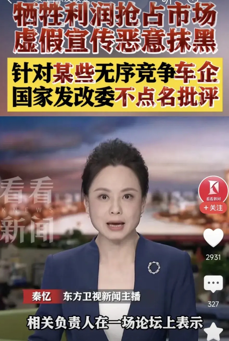 国家不点名批评某车企虚假宣传，亏本买卖抢占市场。

首先我们用排除法，肯定不是问