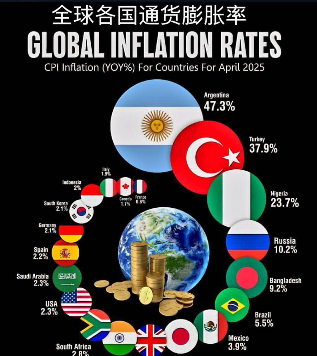 全球各国通货膨胀态势如下：
 * 极高通胀：
   * 阿根廷 (47.3%)：