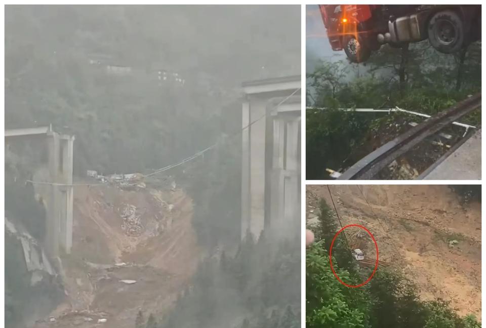 6月24日，贵州三都县厦蓉高速桥梁垮塌现场，一辆红色货车车头腾空，司机被困。路过