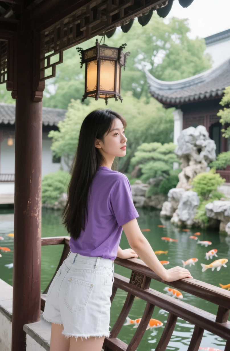 鱼池映天光，她映鱼池，谁是倒影，谁是真实？