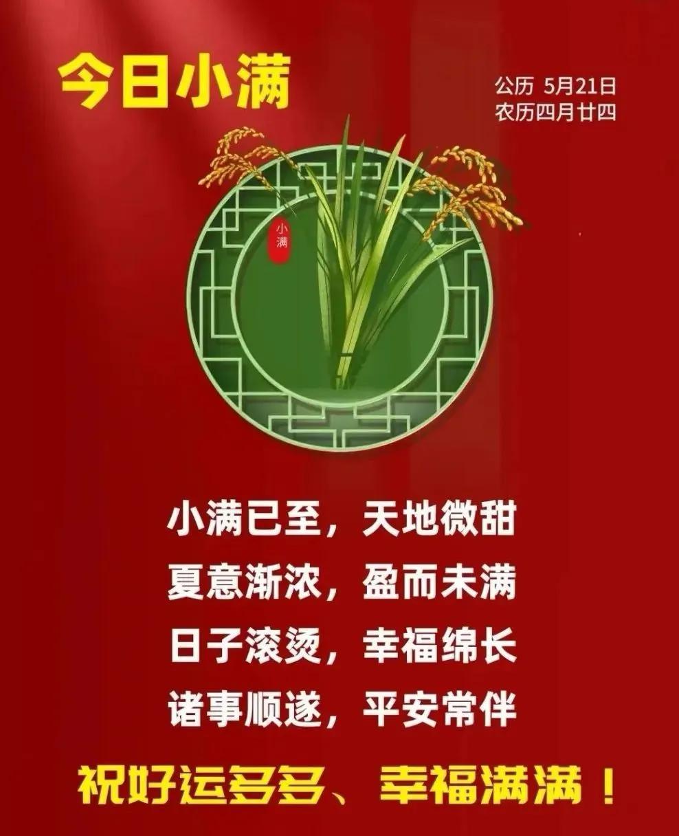 小满到了，愿你幸福甜蜜满面春风，博学多识满腹经纶，事业腾达意得志满，财神眷顾金玉
