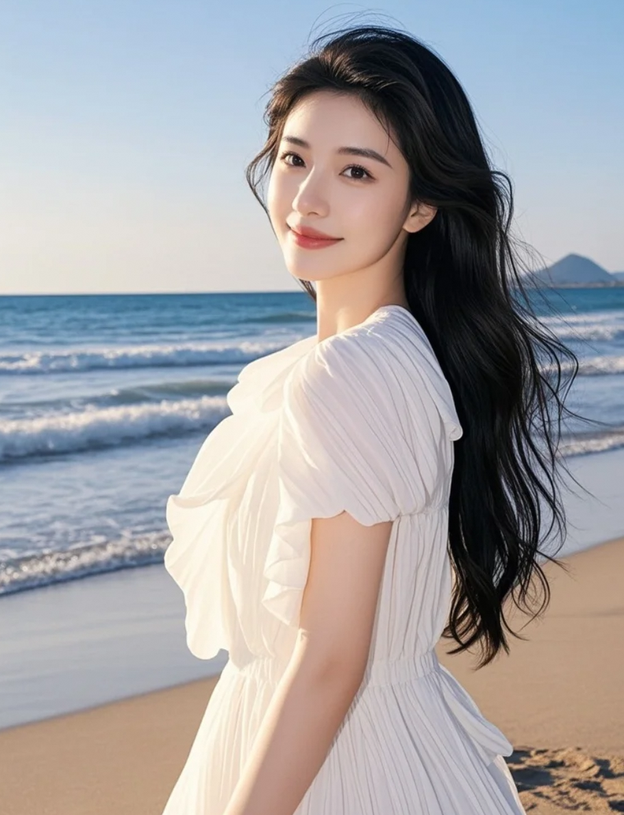 长发女孩在沙滩微笑，阳光下尽显清新脱俗气质