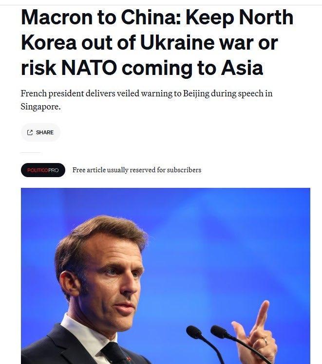 法国总统马克龙星期五在香格里拉对话发表主旨演讲时称，“朝鲜士兵在俄乌的欧洲战场上