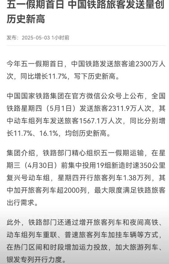 中国内需提速，特朗普看到这些数据也会震惊。

五一长假首日，中国铁路旅客发送量达