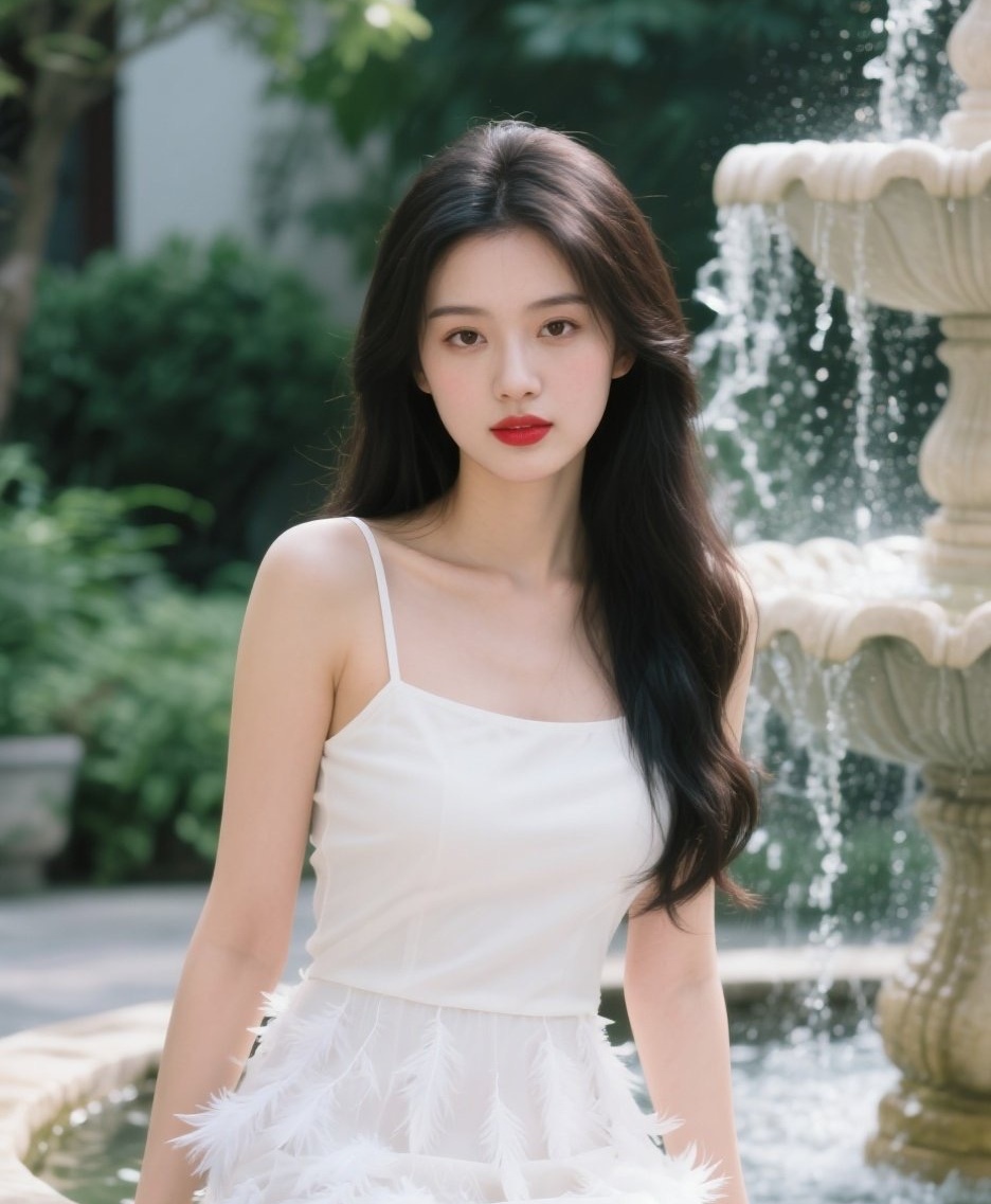 喷水池旁丽人行，水光潋滟衬仙姿