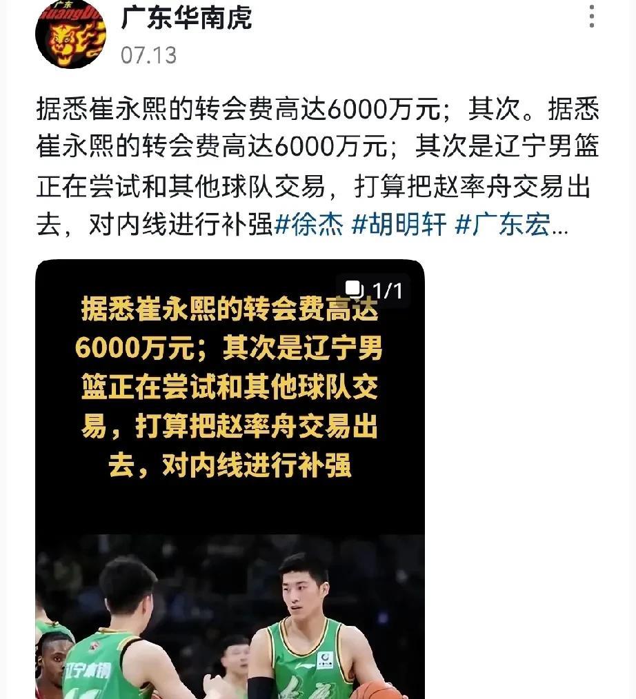 广东华南虎：辽宁队6000万引进崔永熙
难道是真的？辽宁不是有张镇麟打3号位，和