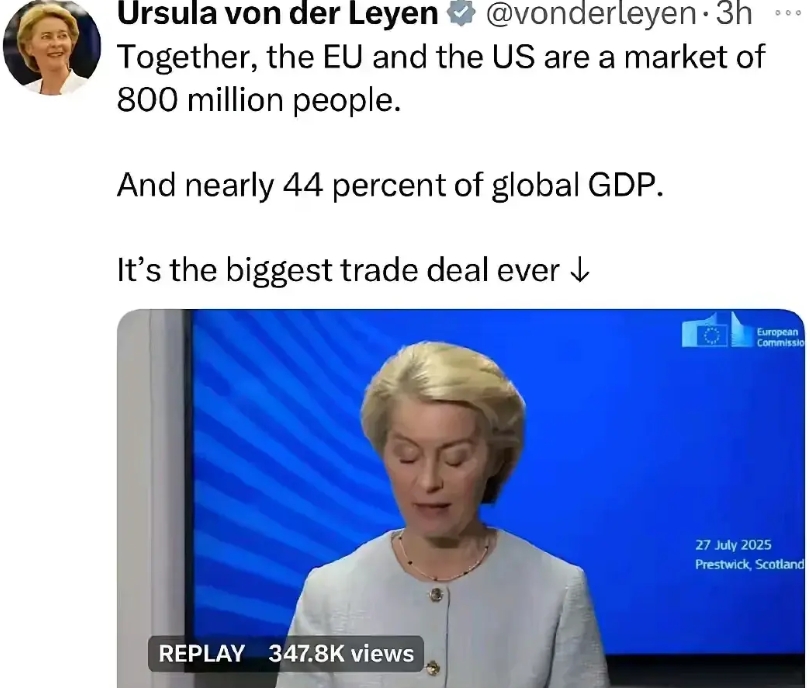 美国人经济至上，欧洲人意识形态至上！

当全球关注的欧美贸易协议达成后，冯德莱恩