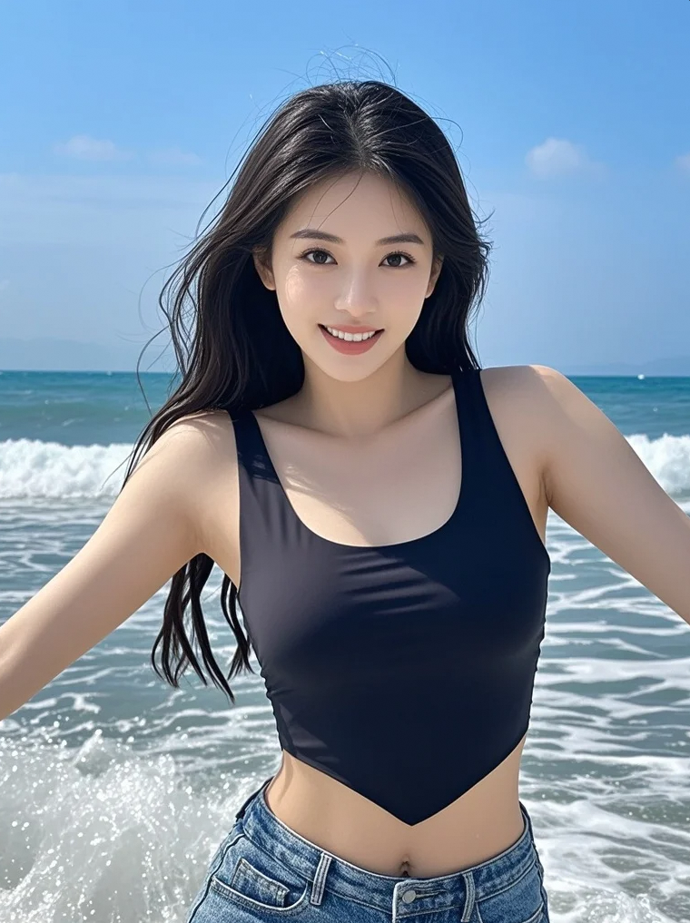 海风吹起发丝，她的美自然又耀眼