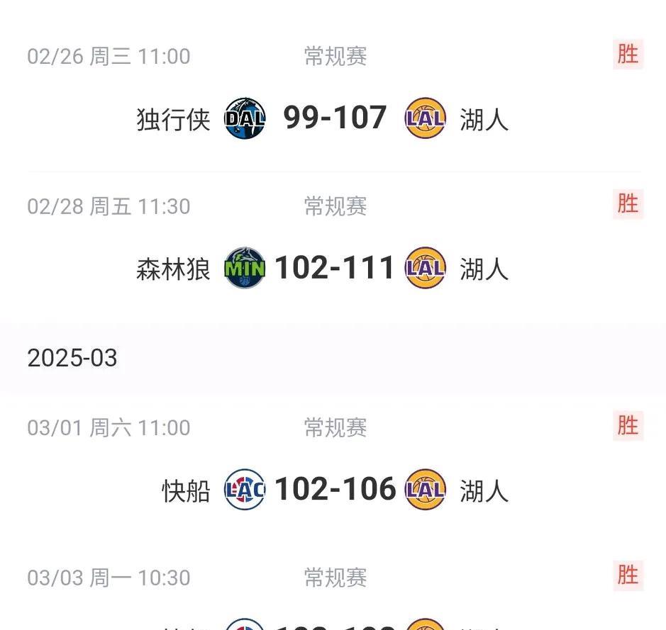 湖人做了4场勇士侠！赢了“2场快船1场森林狼1场独行侠 ”，都是和勇士竞争西部第