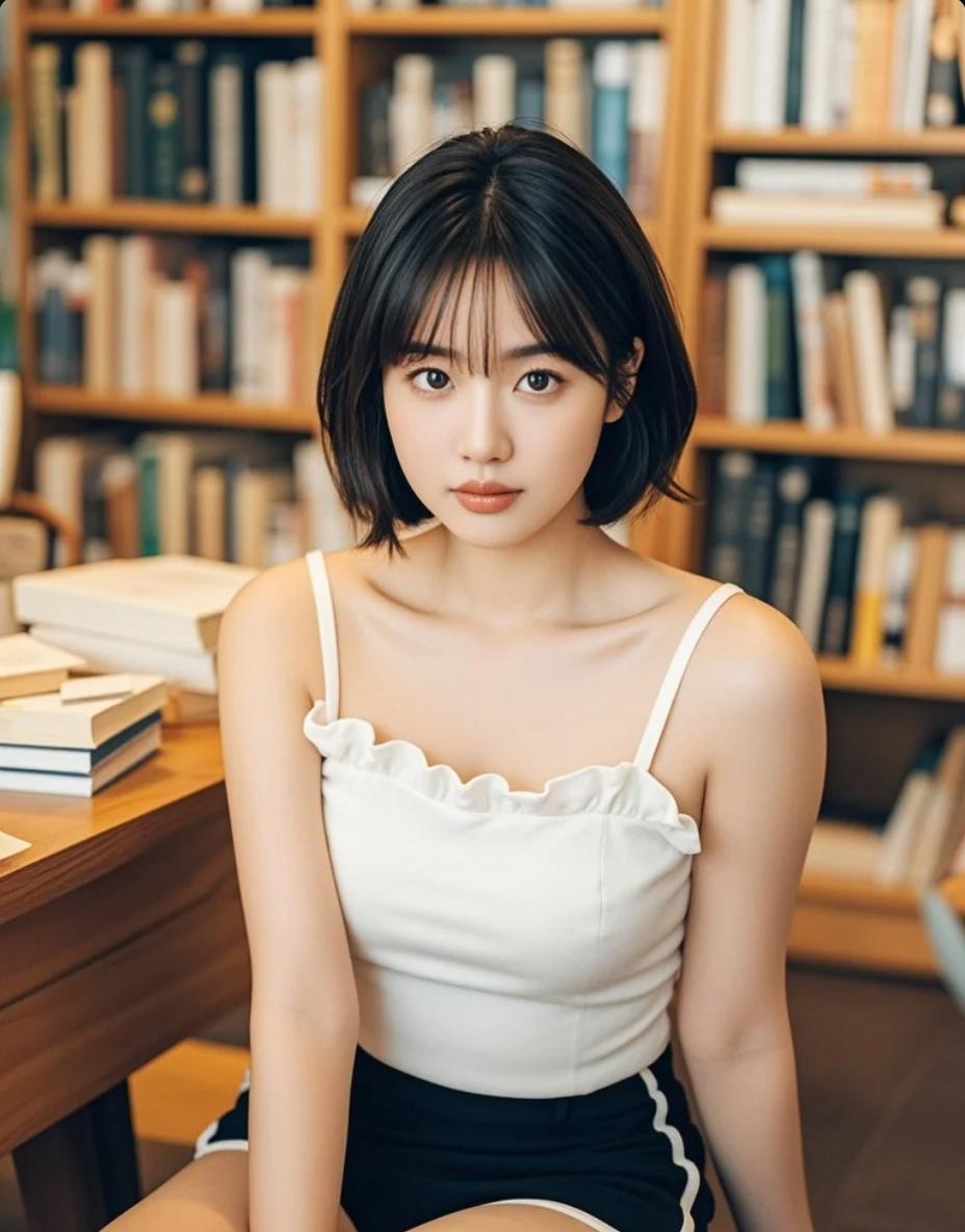 书架下的她，是现实中的文艺女神