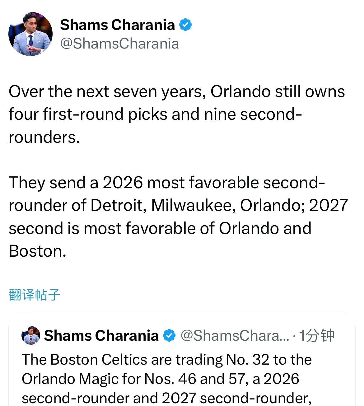 Shams：波士顿凯尔特人队正将32号签交易至奥兰多魔术队，以换取46号签、57