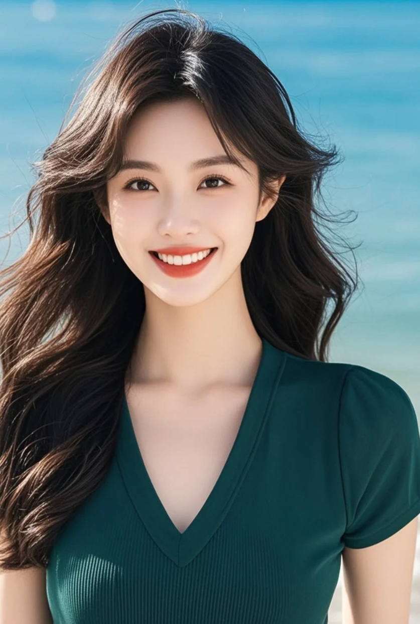 她穿深绿V领，不张扬，却美得让人一眼万年