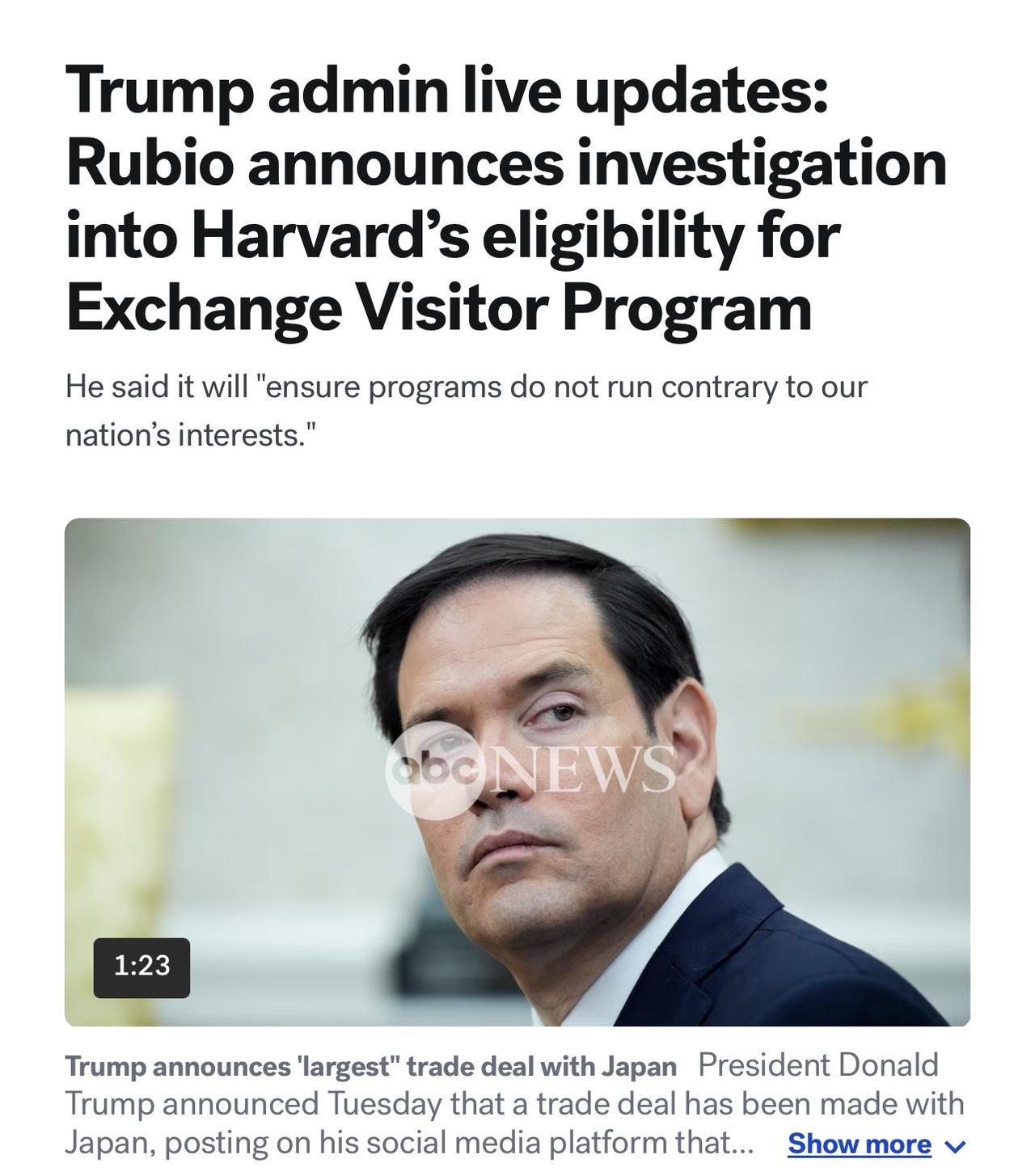 特朗普政府对哈佛大学打压行动升级
美国国务卿卢比奥Marco Rubio周三上午
