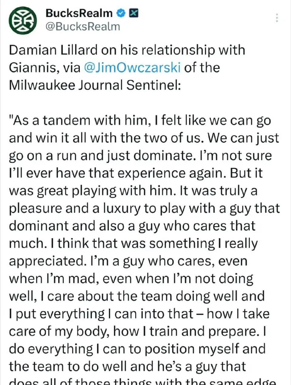 利拉德近期在接受采访时，谈到了与前队友字母的关系：
“和他搭档的时候，我觉得我们