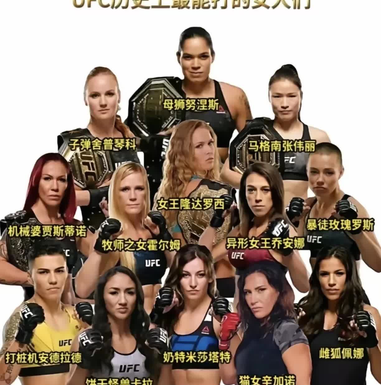 当今世界最能打的女人
子弹舍普琴科
​母狮努涅斯
​马格南张伟丽（中国职业