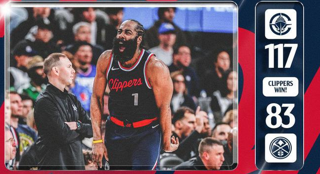 哈登半场20分历史第六！下半场0分仍助快船大胜