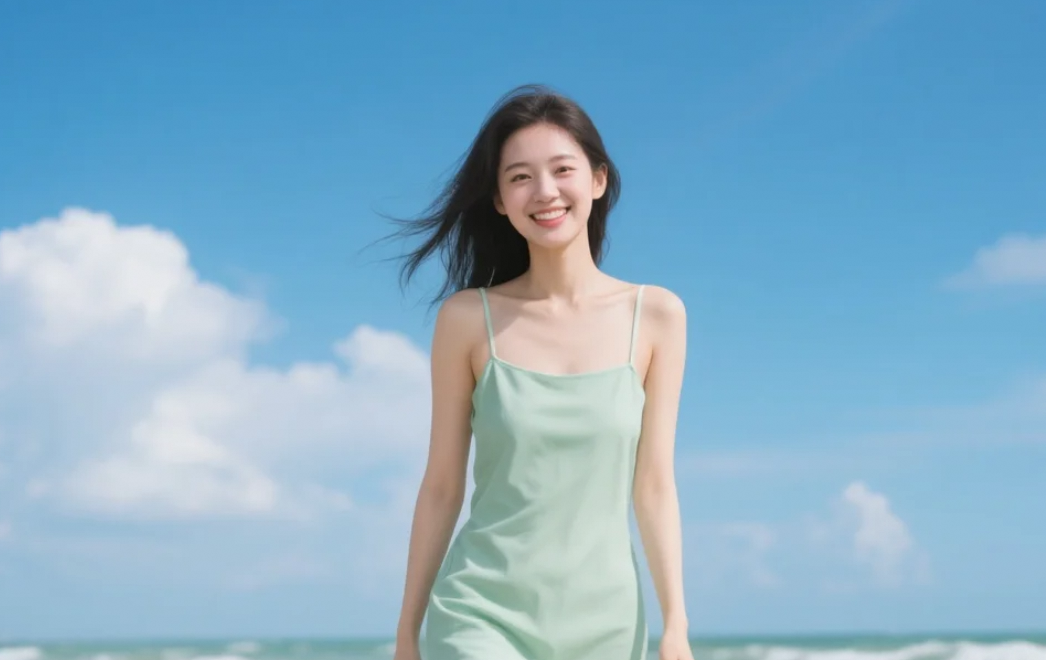 今天在海滩拍照的时候，我特意穿上了这条连衣裙，希望你能喜欢。
