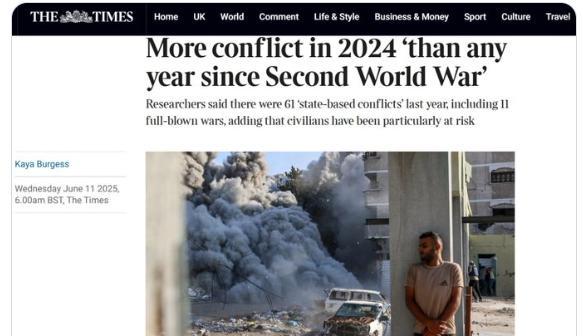 【2024年是二战以来死亡人数最多的一年——《泰晤士报》】根据瑞典乌普萨拉冲突数