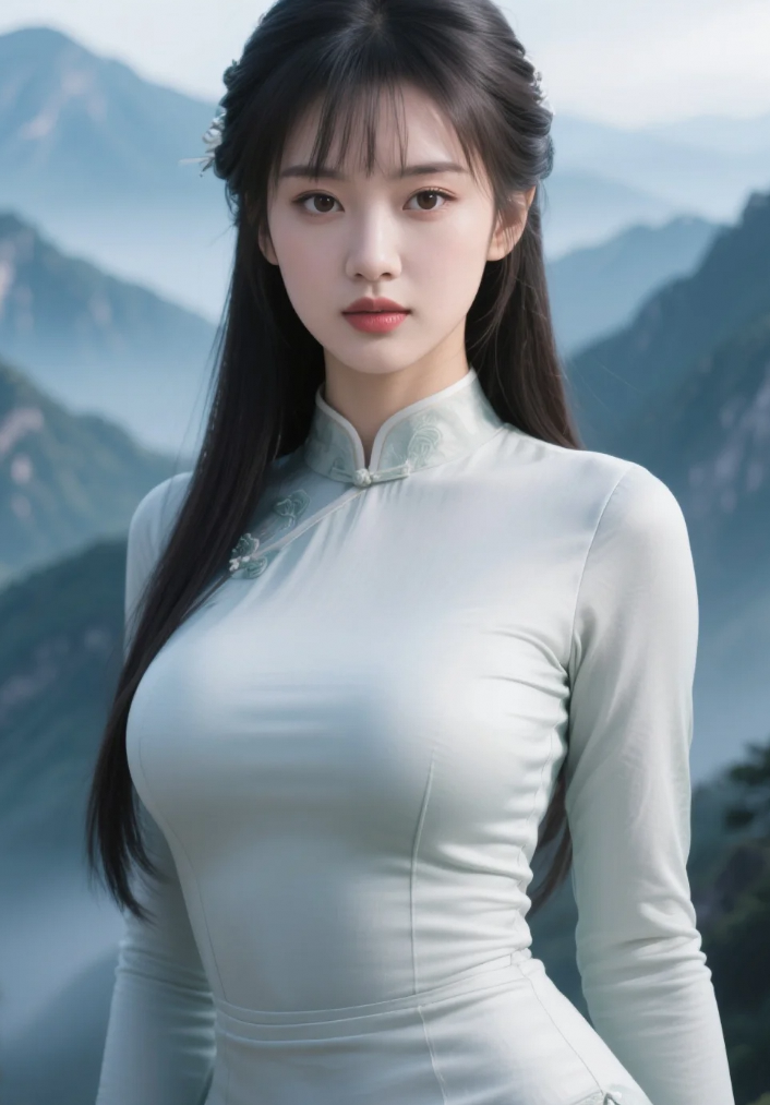 她望着远方，眼神空洞而忧郁，似乎在回忆着一段逝去的时光。