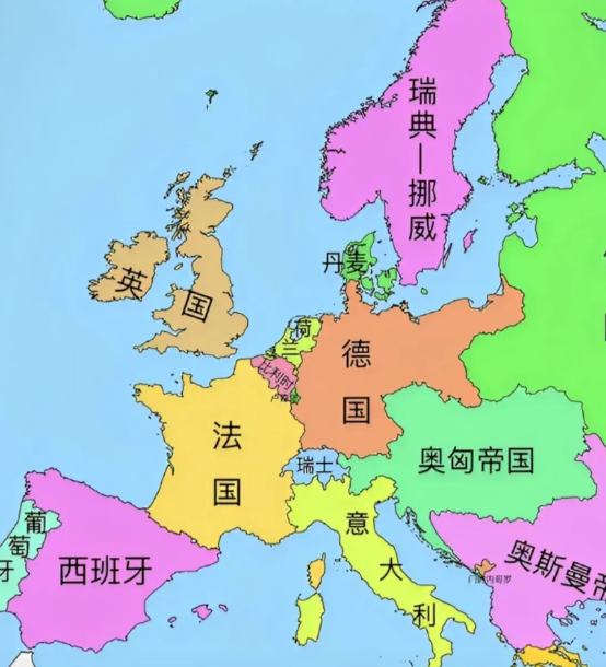 这是1871年德国刚刚统一时欧洲的样子。
那个时候欧洲国家还不多，经过民族融合、