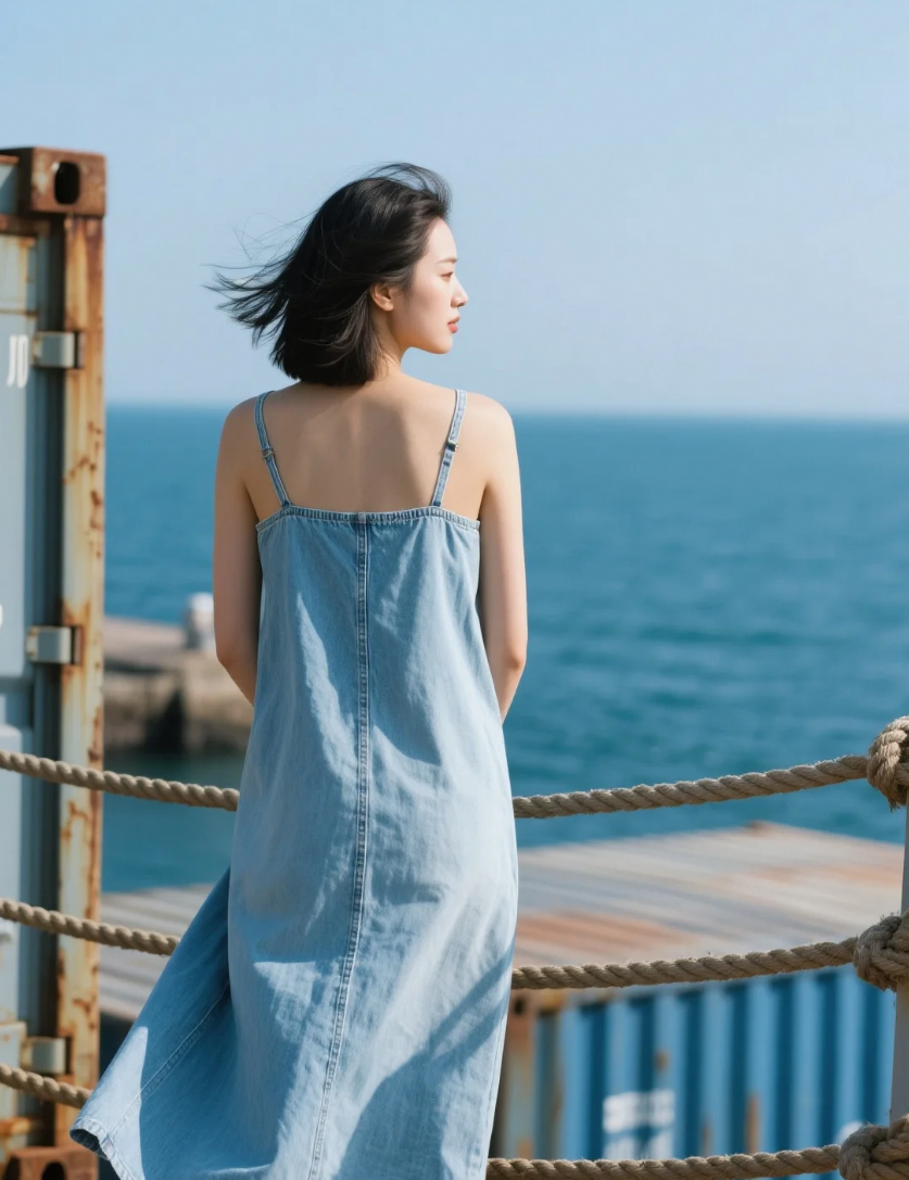 港口码头：浅蓝牛仔与海风对话