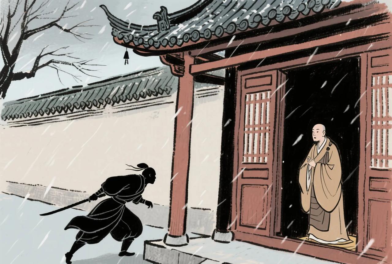 唐天宝年间，一名新罗刺客潜入成都净众寺，狸猫般滑过回廊，贴在一处僧寮门外的暗影里