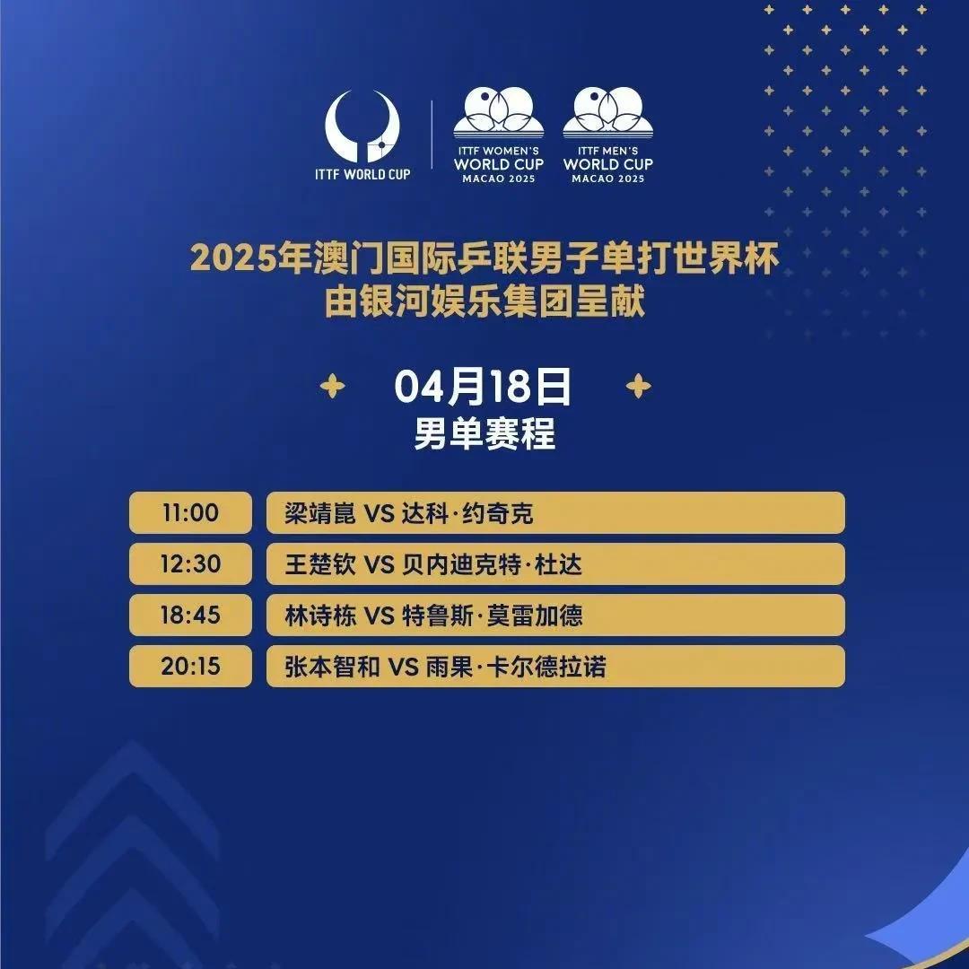 4月18日澳门乒乓球世界杯单打赛程。
比较有悬念的比赛应该有两场比赛。
一场是大