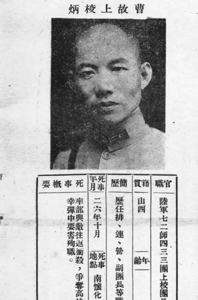 曹炳（1900—1937），国民革命军陆军第19军72师433团上校团长，在抗日